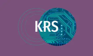 Grafika z napisem KRS na tle obwodu drukowanego i koncentrycznych okręgów.
