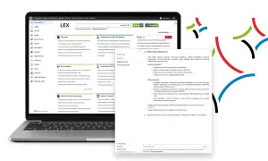 Laptop z otwartym interfejsem systemu LEX, prezentującym menu boczne i okno czatu z asystentem AI.