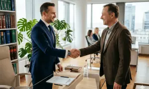 Dwóch mężczyzn w garniturach ściska sobie dłonie, symbolizując porozumienie i zadośćuczynienie. W tle widać regały z książkami prawniczymi i biuro.