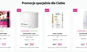 Promocje kosmetyków: tusz GOSH, krem Nacomi SPF50, serum do rzęs Long 4 Lashes, serum z niacynamidem Nacomi. Zgodnie z dyrektywą Omnibus, podane ceny są najniższymi z ostatnich 30 dni.