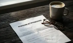 Dokument "Rozwiązanie bez wypowiedzenia" leży obok okularów i kawy. Może to być związane z art. 52 Kodeksu pracy.