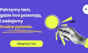 Dłoń z lupą bada problem, zadając trudne pytania. "Patrzymy tam, gdzie inni przestają, i zadajemy trudne pytania.