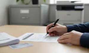 Ręka pisze długopisem na formularzu "APPLICATION". Obok leży stos dokumentów i dowód osobisty, jakby to był duplikat.