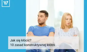 Para siedzi odwrócona od siebie, z ramionami skrzyżowanymi. Tekst na dole sugeruje, że to obrazek o tym, jak prowadzić konstruktywną polemikę.