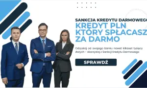 Trzy osoby w garniturach, reklama "Sankcja Kredytu Darmowego" - kredyt PLN, który spłacasz za darmo.