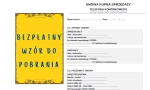 Umowa kupna-sprzedaży telefonu komórkowego. Wzór dokumentu zawiera pola do wypełnienia danych sprzedającego i kupującego, a także szczegóły dotyczące urządzenia. Klauzula o prywatności jest standardowa.