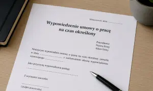 Dokument "Wypowiedzenie umowy o pracę na czas określony" leży na biurku obok długopisu i notatnika.