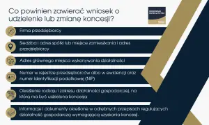 Wniosek o koncesję wymaga danych firmy, adresów, numerów identyfikacyjnych, określenia działalności i dokumentów zgodnych z **reglamentacją**.