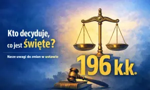Waga sprawiedliwości i młotek sędziowski symbolizują prawo, które chroni wolność słowa. Pytanie "Kto decyduje, co jest święte?" i numer 196 kk. sugerują debatę prawną.