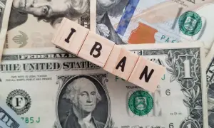 Drewniane klocki z literami IBAN leżą na banknotach dolarowych. IBAN to międzynarodowy numer rachunku bankowego.