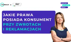 Kobieta z uśmiechem i napis "Jakie prawa posiada konsument przy zwrotach i reklamacjach". Dowiedz się o swoich prawach konsumenta.