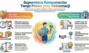 Supermoce konsumenta: prawa przy reklamacji. Grafika przedstawia prawa konsumenta, np. 2 lata odpowiedzialności sprzedawcy, milczenie oznacza uznanie reklamacji.
