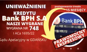 Grafika z napisem "Unieważnienie kredytu Bank BPH S.A.", budynkiem banku i żółtą strzałką.