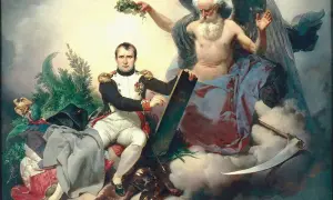 Napoleon, w otoczeniu symboli władzy, prezentuje dzieło swojego życia – Kodeks Napoleona. Obok niego siedzi alegoryczna postać z kosą i wieńcem laurowym.
