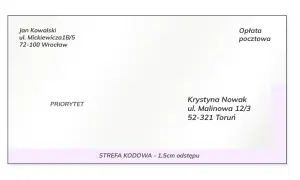 Adresat Krystyna Nowak, nadawca Jan Kowalski. Koperta z danymi adresowymi i oznaczeniem priorytetu.