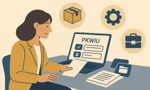 Kobieta przy laptopie z ikonami firmy, dokumentów i skrzynki.