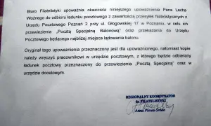 Dokument wyjaśnia, jak napisać upoważnienie do odbioru przesyłki filatelistycznej. Podpisano: Regionalny Koordynator ds. Filatelistyki.