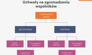 Schemat decyzyjny uchwał wspólników: podejmowanie uchwał zależy od obecności kworum i rodzaju wymaganej większości (zwykła, bezwzględna, kwalifikowana).