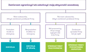 Schemat planowania sukcesji firmy: czy masz sukcesorów, środki na emeryturę, czy pracownicy chcą wykupić firmę? Sukcesja co to, zależy od tych czynników.
