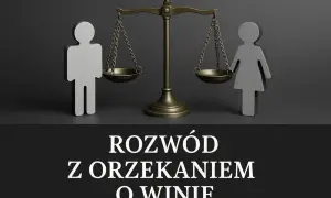 Symboliczne figury kobiety i mężczyzny obok wagi szalkowej. Temat: rozwód z orzeczeniem o winie.