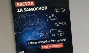 Banderola z napisem "AKCYZA ZA SAMOCHÓD" i ikonami pojazdów. Hasło "Załatw wszystkie formalności #online #ontime".
