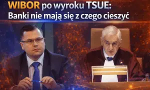 Dwóch mężczyzn w togach, jeden w garniturze. Napis: WIBOR po wyroku TSUE: Banki nie mają się z czego cieszyć.