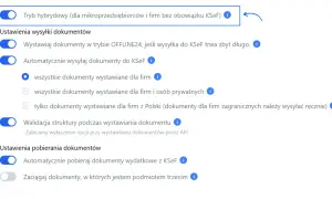 Ustawienia KSeF dla mikroprzedsiębiorcy: tryb hybrydowy, automatyczna wysyłka i pobieranie dokumentów.
