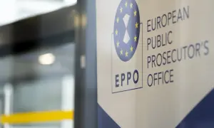 Logo i nazwa European Public Prosecutor's Office (EPPO) na banerze. Prokuratura europejska walczy z przestępczością.