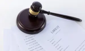 Młotek sędziowski na dokumentach sądowych, w tym na pozwie o alimenty.