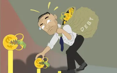 Ciężar długu przygniata mężczyznę, który próbuje zdobyć pieniądze, ale monety z zębami pożerają jego zarobki.
