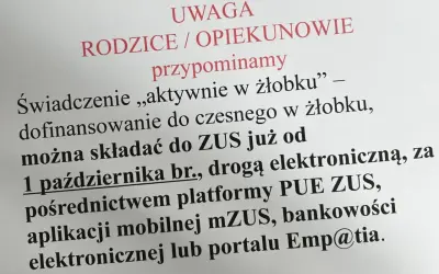Dofinansowanie do żłobka "aktywnie w żłobku" można składać do ZUS od 1 października br. elektronicznie.