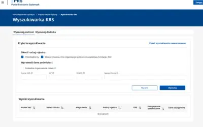 Wyszukiwarka KRS pozwala znaleźć informacje o firmie, jej dane rejestrowe, NIP, REGON i inne szczegóły.