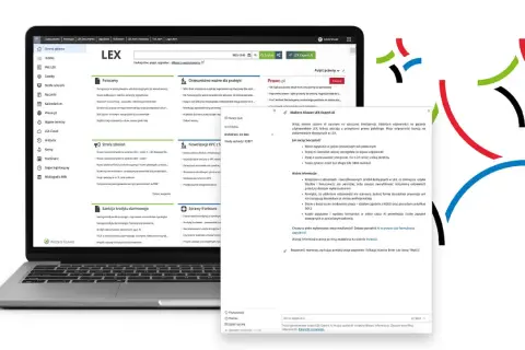 Laptop z otwartym interfejsem systemu LEX, prezentującym menu boczne i okno czatu z asystentem AI.