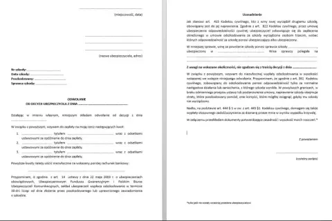 Odwołanie od decyzji ubezpieczyciela, wzywające do zapłaty odszkodowania wraz z odsetkami. Dokument zawiera uzasadnienie prawne i dane dotyczące szkody.
