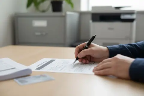 Ręka pisze długopisem na formularzu "APPLICATION". Obok leży stos dokumentów i dowód osobisty, jakby to był duplikat.
