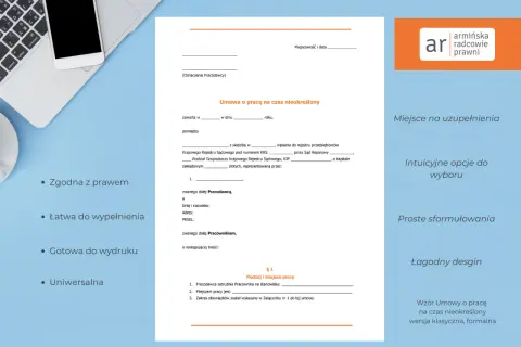 Wzór umowy o pracę na czas nieokreślony, zgodny z prawem, łatwy do wypełnienia.