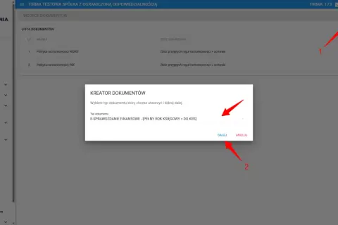 Okno dialogowe "Kreator dokumentów" z zaznaczonym typem dokumentu "E-sprawozdanie finansowe".