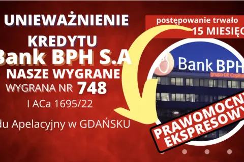 Grafika z napisem "Unieważnienie kredytu Bank BPH S.A.", budynkiem banku i żółtą strzałką.
