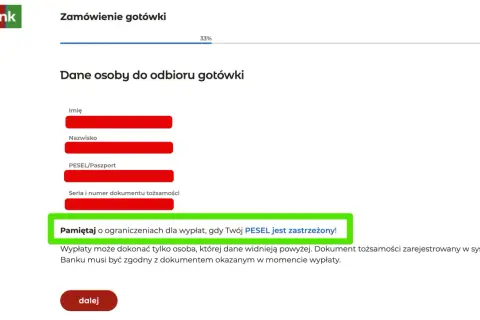 Formularz zamówienia gotówki w mBanku. Wpisz dane, pamiętaj, że Twój PESEL jest zastrzeżony!