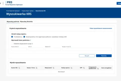 Wyszukiwarka KRS pozwala znaleźć informacje o firmie, jej dane rejestrowe, NIP, REGON i inne szczegóły.
