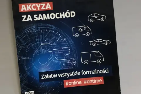 Banderola z napisem "AKCYZA ZA SAMOCHÓD" i ikonami pojazdów. Hasło "Załatw wszystkie formalności #online #ontime".