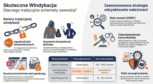 Skuteczna windykacja: bariery tradycyjnych metod, asymetria kompetencji dłużnika i iluzoryczna kontrola nad egzekucją. Zaawansowana strategia odzyskiwania należności, w tym biały wywiad i odpowiedzialność karna, zwiększa szanse na odzyskanie wierzyteln...