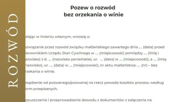 Pozew o rozwód bez orzekania o winie. Dokument zawiera dane małżonków, datę ślubu i prośbę o rozwiązanie związku.