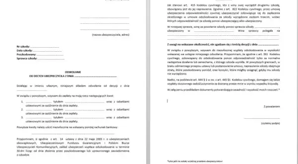 Odwołanie od decyzji ubezpieczyciela, wzywające do zapłaty odszkodowania wraz z odsetkami. Dokument zawiera uzasadnienie prawne i dane dotyczące szkody.