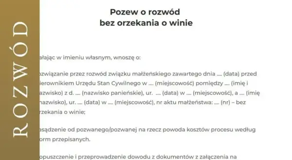 Pozew o rozwód bez orzekania o winie. Dokument zawiera dane dotyczące zawarcia związku małżeńskiego i prośbę o rozwiązanie go.
