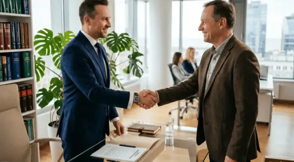 Dwóch mężczyzn w garniturach ściska sobie dłonie, symbolizując porozumienie i zadośćuczynienie. W tle widać regały z książkami prawniczymi i biuro.