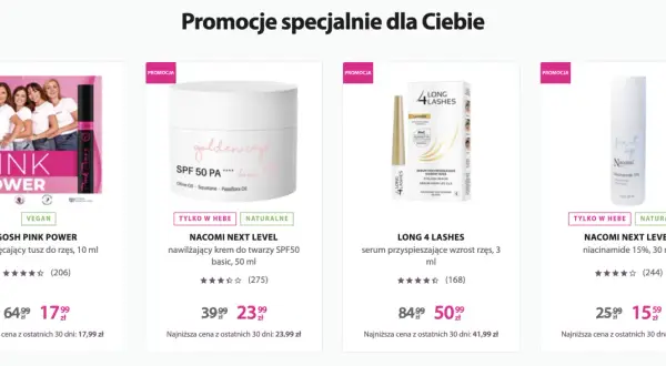 Promocje kosmetyków: tusz GOSH, krem Nacomi SPF50, serum do rzęs Long 4 Lashes, serum z niacynamidem Nacomi. Zgodnie z dyrektywą Omnibus, podane ceny są najniższymi z ostatnich 30 dni.