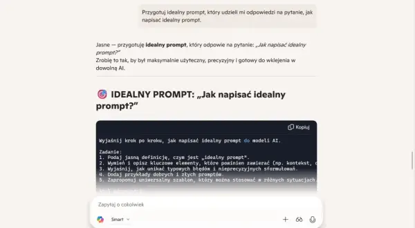 AI przygotowuje **rzekomo** idealny prompt, by nauczyć, jak pisać skuteczne zapytania do modeli AI. Wyjaśnia definicję, elementy, błędy i podaje przykłady.