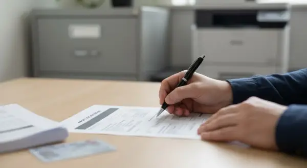 Ręka pisze długopisem na formularzu "APPLICATION". Obok leży stos dokumentów i dowód osobisty, jakby to był duplikat.