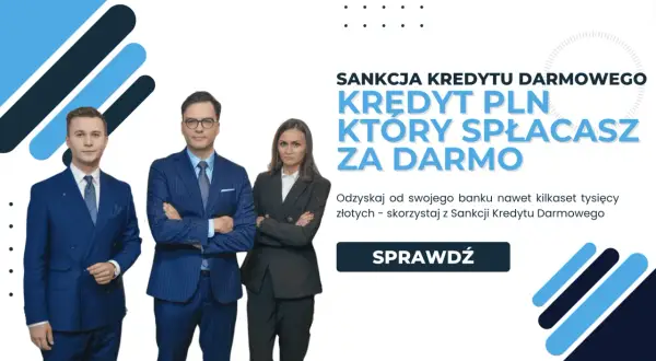 Trzy osoby w garniturach, reklama "Sankcja Kredytu Darmowego" - kredyt PLN, który spłacasz za darmo.